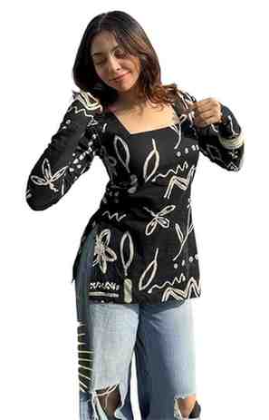 FELISIA Women's Full Sleeves Rayon Printed Square Neck Short Kurti, Bell Sleeves, Short Kurti for Women, Stylish Ethnic Top, Daily Casual Western & Office wear